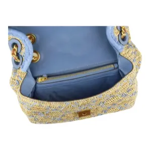 TORY BURCH Fleming Flap Closure Soft Leather Straw Woven Bag Shoulder Bag Small Women's Light Blue
