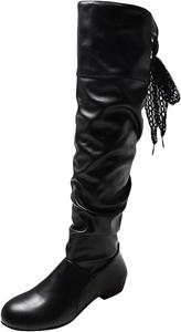 Женские ботинки на шнуровке с кружевом, с бантом, плиссированные, толстые, теплые, высокие до колена, зимние, из мягкой кожи, с низким каблуком, свободного кроя, для вечеринок Generic, черный