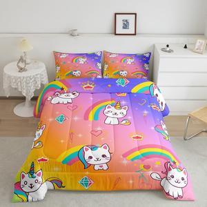 Erosebridal Градиентный радужный комплект постельного белья Little Cat с милыми котятами, Orange Purple Blue