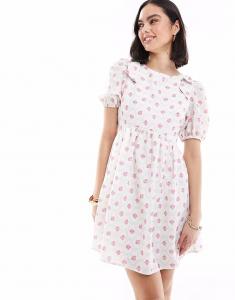 Эксклюзивное мини-платье Frolic с бантом на плече, рукавами-буфами и завязками на спине, кремового цвета с мелким цветочным принтом