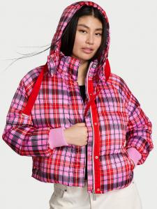 Укороченная стеганая куртка Marshmallow Pink, bright vermillion and pink tulip plaid