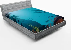 Простыня на резинке ABAKUHAUS Diver, Два дайвера и коралловый риф с другими водными фигурками, пузырьками и ластами, 160 x 200 см, разноцветная Abakuhaus