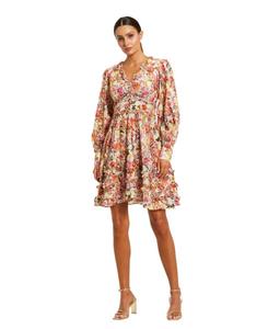 Женское хлопковое мини-платье с V-образным вырезом, оборками и разноцветным цветочным принтом Mac Duggal, Pink multi