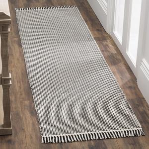 Ковер-дорожка SAFAVIEH, 69 x 488 см, Montauk Collection, Ivory & Black, ручной работы плоского плетения бохо кантри с хлопковой бахромой, идеально для помещений с высокой проходимостью в гостиной, спальне (MTK340D)