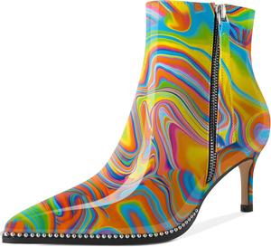 Женские ботинки с низким каблуком, заостренный носок, короткие ботильоны с бисером, молнией и каблуком-ита 2,5 дюйма Younton, Patent Multicolor Heat