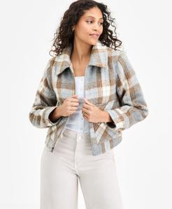 Женское пальто в клетку с воротником и застежкой-молнией спереди BCBG, Lt Grey Plaid