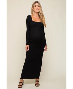 Длинное платье для беременных, черное, в рубчик, с длинными рукавами и квадратным вырезом Pinkblush, Black