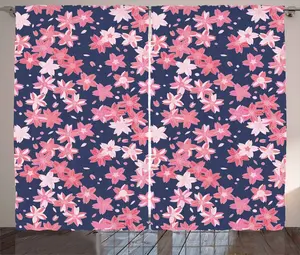 Шторы ABAKUHAUS в стиле рустик, темно-синие с румянами, японская весна, универсальные ленточные шторы для гостиной с петлями и крючками, 280 x 175 см, цвет: темно-синий, кораллово-розовый