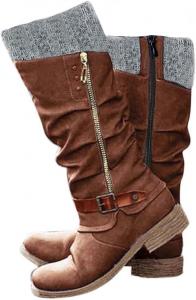 Женские высокие сапоги до колена для широкой голени, средние сапоги с вязаной манжетой с драпировкой, зимние ботинки на молнии сбоку, винтажные сапожки с низким каблуком, мотоциклетные, с круглым носком, удобные высокие сапоги Generic, A3-Brown