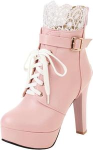 Женские ботильоны Parisuit с массивной платформой, высокие каблуки, шнуровка, с милой кружевной задней молнией, Pink 2