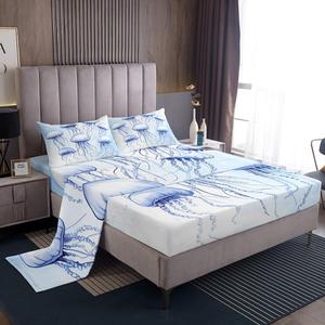 Erosebridal Комплект постельного белья Jellyfish с морским принтом медуз в бело-синей гамме, Multi 33