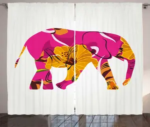 Штора ABAKUHAUS в экзотическом деревенском стиле, слон в тропических цветах, универсальная ленточная штора для гостиной с петлями и крючками, 280 x 225 см, цвет: желто-малиновый Abakuhaus