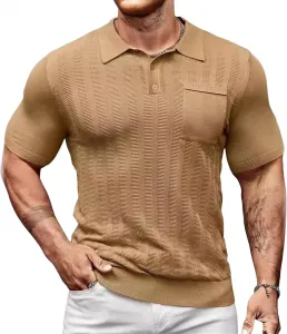 Летняя вязаная поло для мужчин с пуговицами и воротником, свободная, с коротким рукавом QOAAIE