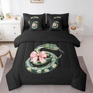 Erosebridal Детский комплект постельного белья Cartoon Snake с розовыми бантами, реверсивный дизайн с рептилиями, Black Green