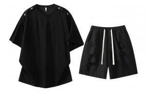 Повседневный спортивный свитер Unisex с круглой горловиной Moderate X1617, черный short-sleeved shirt+черный ripped shorts
