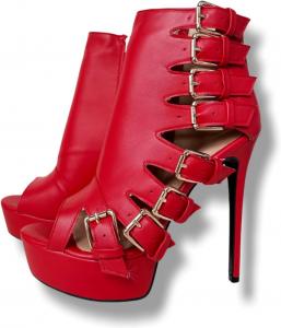 Frankie Hsu Фрэнки Хсу Лэйдиз Мен Сексуальные Горячие Унисекс Ботильоны на Каблуке и Платформе, Красный с Золотой Пряжкой, Панк-стиль, Большие Размеры US4-19, Короткие Ботинки для Женщин и Мужчин