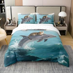 Erosebridal Комплект постельного белья Kawaii Cat из 100% хлопка с милыми котятами и морскими волнами в голубых и желтых тонах, Blue Yellow