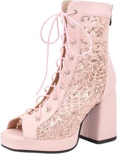 Женская мода: ботильоны с открытым носком на массивном каблуке 9,5 см, короткие многокрасочные с кружевами и платформой, офисный стиль LYYSKY, Pink(5732)
