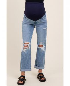 Джинсы для беременных светло-голубого цвета с рваными коленями, подвернутыми манжетами и прямыми штанинами Pinkblush, Light blue