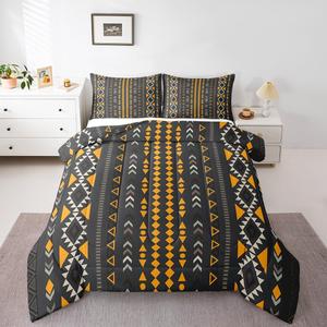 Erosebridal Комплект постельного белья Bohemian Decor Full в этническом стиле с геометрическим узором из треугольников и ромбов в оранжево-черной цветовой гамме, Black Brown Orange