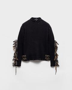 Шерстяной свитер с круглым вырезом, бахромой и заклепками Prada, черный