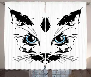 Штора ABAKUHAUS Animal Rustic, морда большой кошки, эскиз питомца, присборенная штора для спальни с петлями и крючками, 280 x 175 см, небесно-голубой, белый и черный Abakuhaus
