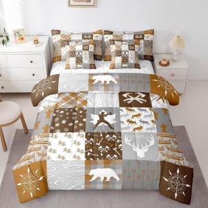 Erosebridal Комплект постельного белья Hunting с принтом в стиле лесной тематики, медведи, олени, дерево, стрелы, коричневый цвет, Brown Grey