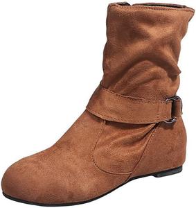 Женские замшевые ботильоны с пряжкой и сборкой на танкетке, короткие зимние теплые ботинки с боковой молнией, повседневные нескользящие ботинки в стиле римского рыцаря ELSHTIDE, Yellow