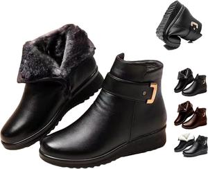 Бархатные кожаные ботинки с металлической пряжкой, осенне-зимние теплые ботильоны с противоскользящей подошвой для женщин Generic, Black