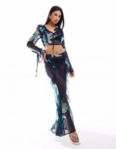 Длинная шифоновая юбка с синим абстрактным цветочным принтом Asos Design