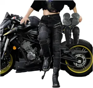 Женские мотоциклетные брюки из эластичного денима, всесезонные мотоциклетные джинсы с 4 регулируемыми защитными элементами CE на коленях и бедрах, 6 карманами, Schwarz