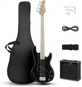 Unbranded Электрическая бас-гитара на 4 струны, полный размер, стартовый набор с усилителем 20 Вт, портативной сумкой, премиум-кабелем, регулируемым ремнем, медиаторами и ключом, подарок для любителя музыки (набор, черный)