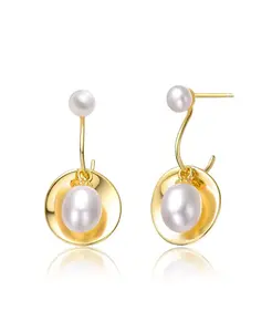 Серьги-Подвески в виде ракушек из стерлингового серебра 14 карат с покрытием из желтого золота и белым пресноводным жемчугом Genevive, gold