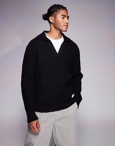 Джемпер свободного кроя с текстурированной вязкой Spiro с открытым воротником-поло черного цвета Hugo Blue