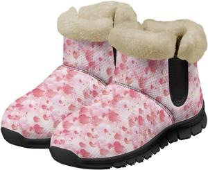 Зимние ботинки UNICEU для женщин с теплой искусственной меховой подкладкой, мягкие уютные пушистые ботильоны, рождественские снежные ботинки, Pink Love Heart Valentine'S