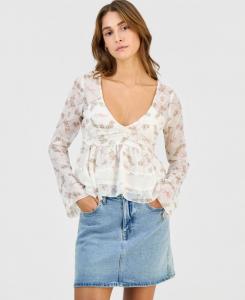 Детская тканая футболка с длинными рукавами и асимметричным низом Self Esteem, Ivory Floral/Bows