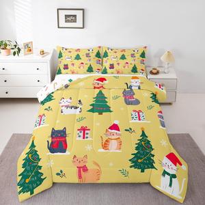 Erosebridal Комплект постельного белья Cartoon Cat с новогодней елкой и милыми котятами в желтом цвете, Green Grey Red White Yellow