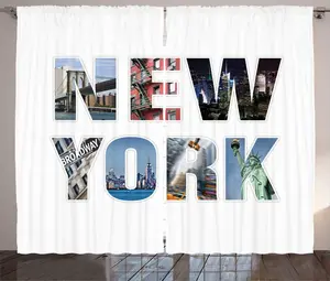 Шторы ABAKUHAUS New York Rustic с буквами Достопримечательности Нью-Йорка, универсальные ленточные шторы для гостиной с петлями и крючками, 280 x 225 см, белые и разноцветные Abakuhaus