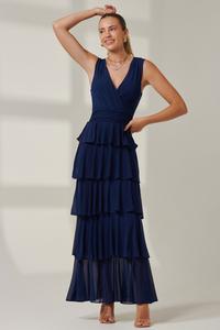 Длинное платье из однотонной сетки с несколькими ярусами Jolie Moi, синий