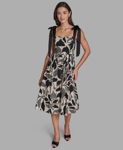 Женское миди-платье BDBG из атласа с цветочным принтом и фактурой под елку и расклешенной юбкой, облегающее и расклешенное BCBG, Black/Whisper White