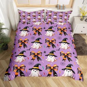 Erosebridal Комплект постельного белья Halloween Bow King с готическими бантами, паутиной и летучими мышами в фиолетовой расцветке, Purple Black