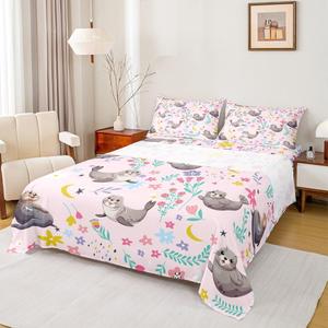 Erosebridal Комплект постельного белья Floral Otter для детей в морском стиле с цветочным принтом, Pink Otter