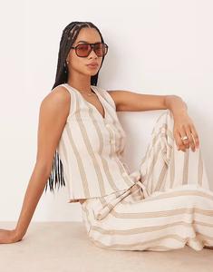 Льняной жилет mix and match в полоску кремового и бежевого цветов Vila