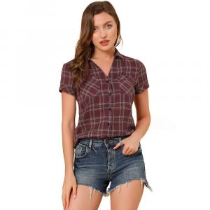 Женская рубашка в клетку с короткими рукавами на пуговицах спереди и бойфрендом ALLEGRA K, цвет Burgundy