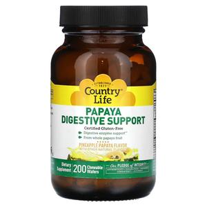 Папайя для поддержки пищеварения, ананасовая папайя, 200 жевательных вафель Country Life