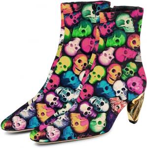 Женские ботильоны Zszszsu с квадратным носком, золотые каблуки, боковая молния, стильные для вечеринок, знакомств, размеры 4-16 US, Colorful Skull