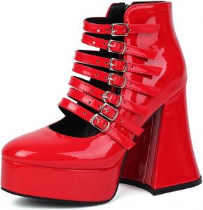 Ботинки UniqueStride в готическом стиле на платформе, средней высоты, с массивным каблуком, панк Mary Jane, готическая обувь для косплея, Red Ankle Booties