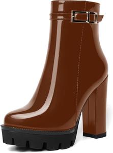 Женские ботильоны AMBELIGHT на платформе с круглым носком, однотонные, для вечеринки, с молнией, сексуальные, лакированные, массивный высокий каблук 12 см, Brown