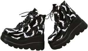 Женские готические ботинки на шнуровке с платформой, панк-башмачки на высоком каблуке клин, ботильоны, готические ботинки до щиколотки GooMaShoes, Black 1