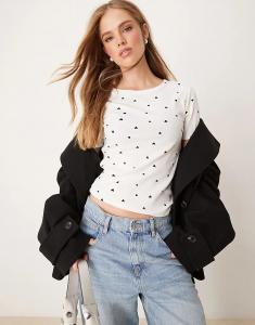 Футболка с принтом в виде сердец по всей поверхности, белая, в рубчик JDY